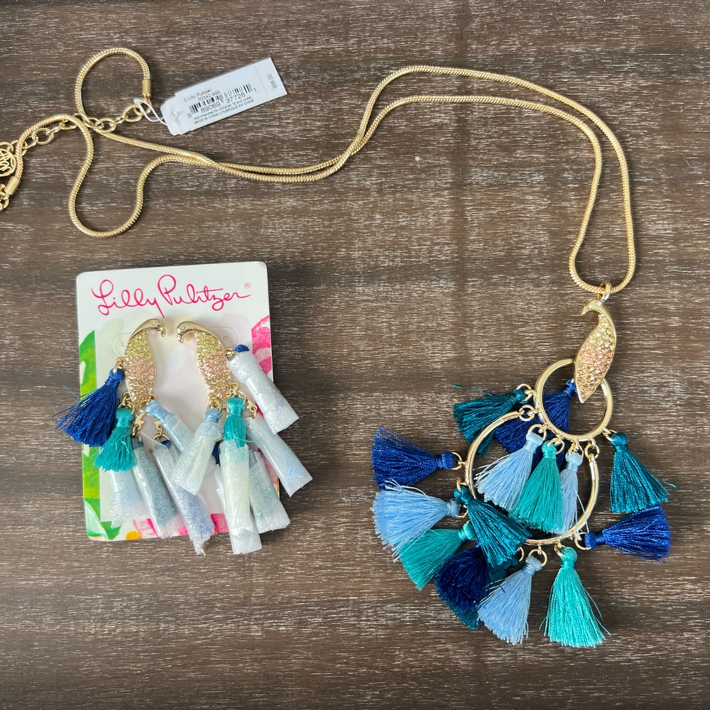 Lilly Pulitzer Peacock Necklace and Earring Set with Blue Tassels
